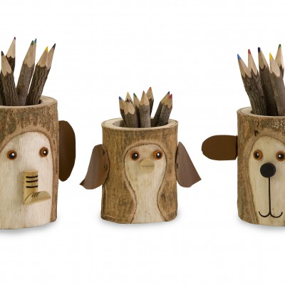 Woodcarved Animals with Colored Pencils – Set of 3