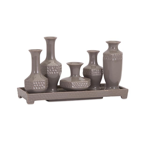 Beth Kushnick Gray Ceramic Mini Vases with Tray