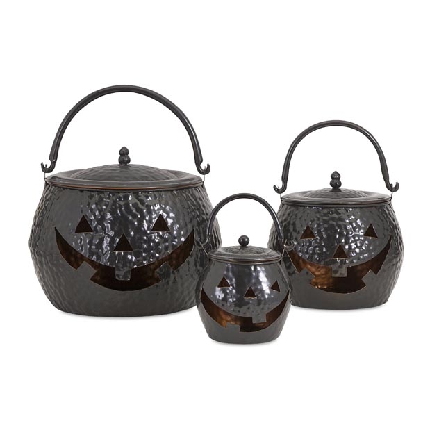 Lidded Pumpkins Shiny Black - Set of 3