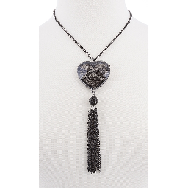 BTQ Black Lace Heart Tassle Necklace