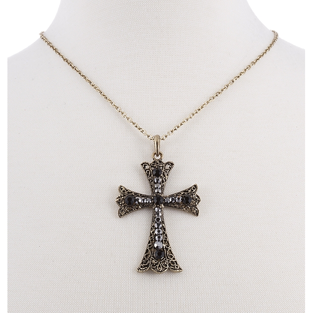 BTQ Black Stone Cross on Burnished Gold Chain