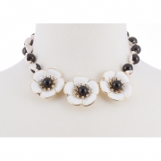 BTQ White Flowers on Black Bead Chain